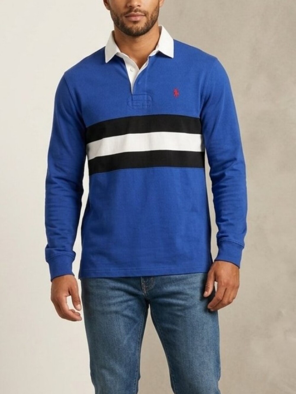 Ralph Lauren Vintage Polo Men's Blue Rugby Stripe Long-Sleeve Shirt